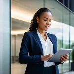 사업자 자동차 리스 세금 - A confident, diverse business owner, a woman in her late 30s, professionally dressed in a stylish bl...